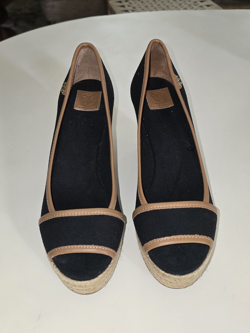 Like New Tory Burch Canvas Peep-Toe Espadrille Wedges - Size 8.5